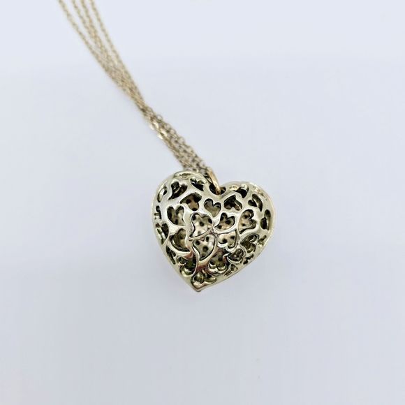 Puffy Pave Heart Necklace Gold Tone Rhinestone Double Chain Feminine Romantic - Picture 4 of 13
